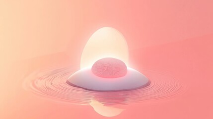 Poster - Glowing orb atop a floating egg in calm pink water.