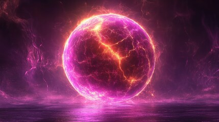 Poster - Glowing pink energy sphere with electric cracks, reflecting on a dark surface.