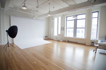 Poster - Spacious, bright photography studio with white backdrop, hardwood floors, and large windows.