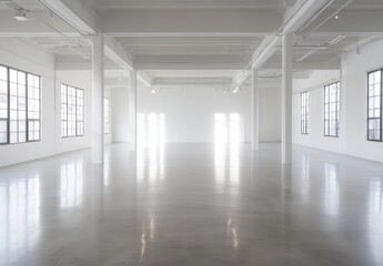 Poster - Spacious, bright, white interior with polished concrete floor and large windows.