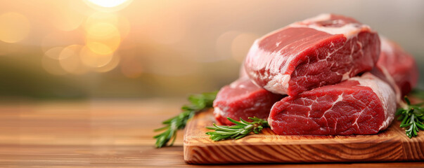 Poster - Fresh raw meat cuts on wooden board with rosemary, creating minimal and appetizing presentation. warm lighting enhances texture and color of meat, making it visually appealing