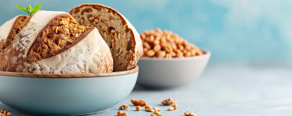 Poster - Freshly baked whole grain bread with bowl of cereal on light blue background, showcasing rustic and healthy breakfast option