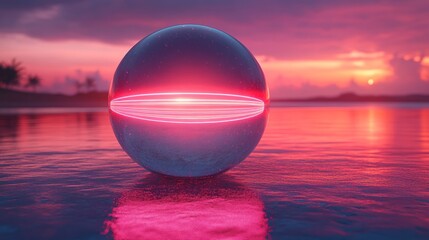 Aufkleber - Glowing sphere floats on calm water at sunset, reflecting vibrant colors.