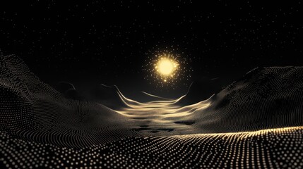 Poster - Glowing sun above dark, textured landscape.