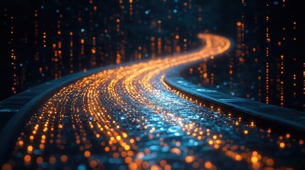 Poster - Glowing trail of light particles curving on dark background.