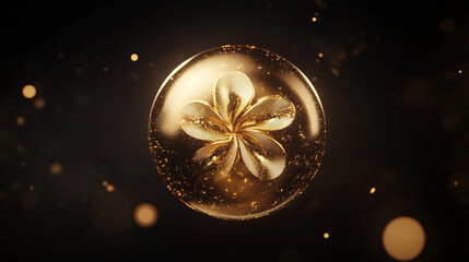 golden sphere with metal flower petals inside floating in the air, gold particles around, gold metal
