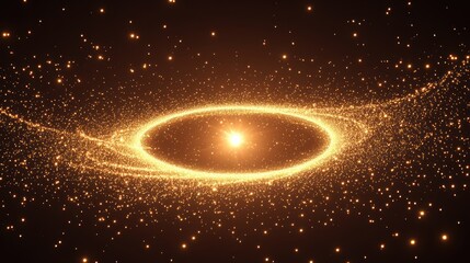 Poster - Golden cosmic ring and bright star in dark space, glowing particles.