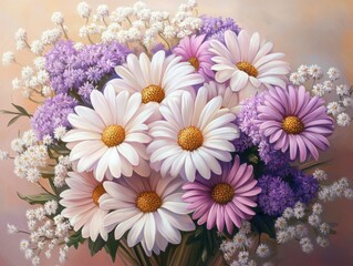 Poster - Beautiful Floral Arrangement of Daisies and Purple Flowers on a Soft Background for Elegant Decoration and Fresh Atmosphere