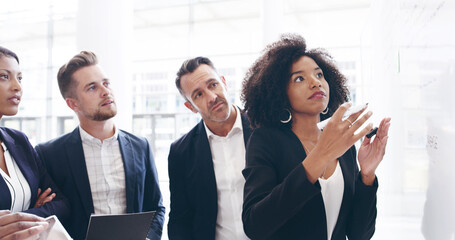 Poster - Whiteboard, planning or business people in meeting with manager, task or project management. Schedule, checklist or leader with timeline for brainstorming for agenda, development or company resources