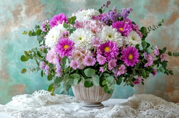 Poster - Beautiful Floral Arrangement with Pink and White Flowers in Elegant Vase on Decorative Table with Soft Background