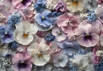 Poster - Beautiful Floral Background with Variety of Colorful Pansies and Delicate Hydrangeas in Soft Pink, Blue, and White Shades for Elegant Decor