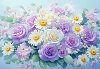 Poster - Beautiful pastel floral arrangement featuring purple roses, white daisies, and delicate blossoms on a soft background, perfect for decor and design projects