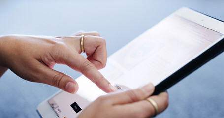 Aufkleber - Finger, search and tablet screen with business person closeup in office for connectivity. App, internet and scroll with hand of employee in workplace for agenda, networking or online schedule