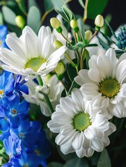Poster - Beautiful white daisies and blue delphinium flowers arranged elegantly, showcasing vibrant colors and fresh green foliage in a stunning floral composition