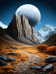 Wall Mural - Surreal landscape with a large moon calming rhythms meditation beats concept