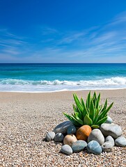 Wall Mural - beach scene with stones and greenery. calming rhythms meditation beats concept