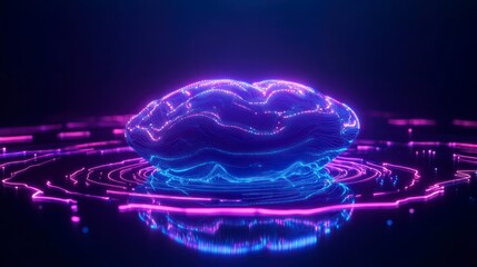 Poster - Illuminated Brain: Glowing neon brain sits atop a digital landscape, a vibrant representation of intelligence, thought, and the power of the mind.