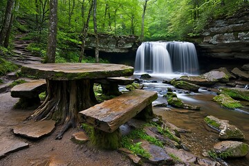 Wall Mural - Serene waterfall in a lush forest setting calming rhythms meditation beats concept