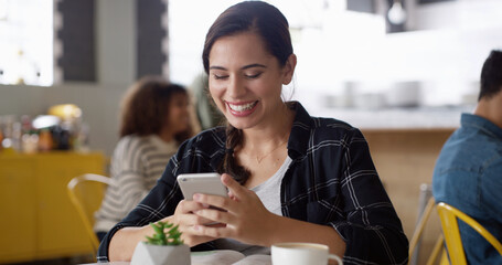 Aufkleber - Happy, funny and woman in cafe, smartphone and typing with social media, excited and relax. Person, mobile user and girl in restaurant, coffee and cellphone with digital app, message and herbal tea