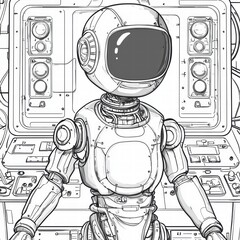 Poster - Mechanical Sentinel: A detailed black and white illustration of a futuristic robot, poised amidst the backdrop of a control panel. A symbol of technology and innovation.