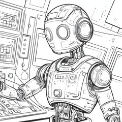 Poster - Digital Companion: A detailed illustration showcases a futuristic robot, depicted inside a control room, offering a glimpse into a world of advanced technology. 
