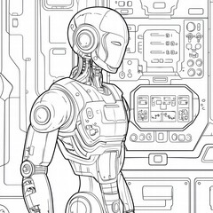 Poster - Futuristic Robot in Lab: A detailed black and white line art illustration of a humanoid robot, possibly a cyborg, is placed in a futuristic lab or control center, showcasing advanced technology.