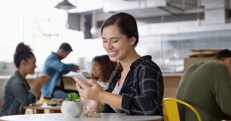 Aufkleber - Phone, coffee and woman in restaurant reading online blog for hospitality review in morning. Happy, cellphone and female influencer with cappuccino for content creation for cafe recommendation.