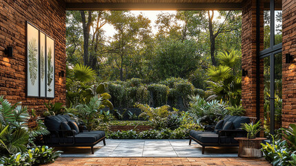 Poster - serene outdoor space featuring modern seating, lush greenery, and natural light. brick walls enhance tranquil atmosphere