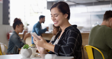 Aufkleber - Phone, happy and woman in cafe reading online blog for hospitality review in morning. Smile, cellphone and female influencer with cappuccino for content creation for restaurant recommendation.