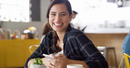 Aufkleber - Coffee shop, happy and portrait of woman with phone for social media, networking and online contact. Restaurant, cafe and person on cellphone with latte, beverage and cappuccino for customer service