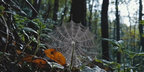 Poster - delicate spider web glistens with dew in serene forest setting, surrounded by lush greenery and fallen leaves