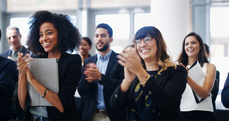 Poster - Audience, applause and business people in meeting for presentation, workshop and seminar in office. Corporate, company and men with women clapping hands for success, conference and collaboration