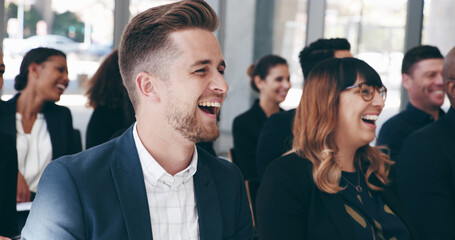 Poster - Business, seminar and man with laughing in audience for workshop feedback, ice breaker or funny presentation. Corporate training, people and happy for employee engagement, financial joke or listening