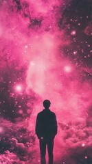 Wall Mural - silhouette of a person gazing at a pink starry nebula sky, deep space exploration, and cosmic wonder