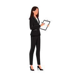 Poster - Professional woman in black suit holding clipboard in minimal vector art
