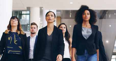 Poster - Confidence, business people and team walking in office for solidarity, about us and low angle. Group, collaboration and corporate workforce together with determination, ambition or female leadership
