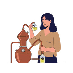 Poster - Woman distilling herbal essence with modern equipment in flat vector art