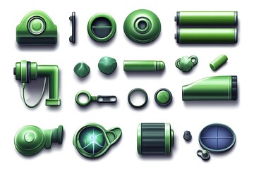 Poster - Assortment of various green stylized objects and components with shadows