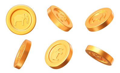 Wall Mural - 3d set of golden elephant coins with different angles. stock vector illustration on isolated backgro