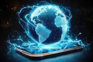 Aufkleber - glowing globe emerging from smartphone, symbolizing global connectivity and technology