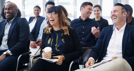 Aufkleber - Business, seminar and people with laughing in audience for corporate training, ice breaker or funny presentation. Conference, diversity and happy for employee engagement, feedback joke or work event