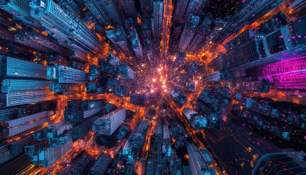 Vibrant Night Cityscape Aerial View: Glowing Buildings and Dynamic Lights