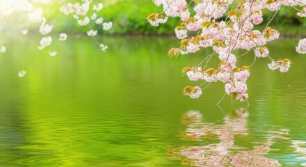 Wall Mural - cherry blossoms over calm water reflecting green foliage, symbolizing peace and nature's beauty