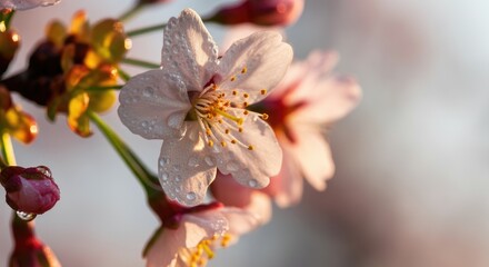 Wall Mural - close-up of dewy cherry blossom flowers in sunlight, symbolizing spring