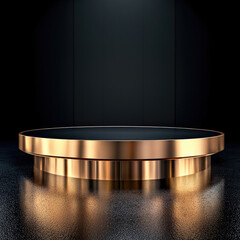 Poster - golden circular podium with reflective surface in dark setting