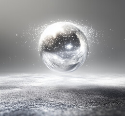 Wall Mural - 3d render silver sphere floats above the ground, light shining，glittering particles, silver space, l