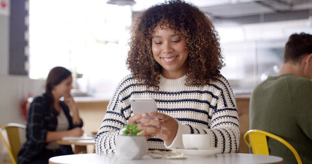 Aufkleber - Phone, typing and woman in coffee shop reading online blog for hospitality review. Happy, cellphone and female influencer with cappuccino for content creation for restaurant or cafe recommendation.