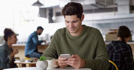 Aufkleber - Phone, typing and man in coffee shop reading online blog for hospitality review in morning. Network, cellphone and influencer with cappuccino for content creation for cafe restaurant recommendation.