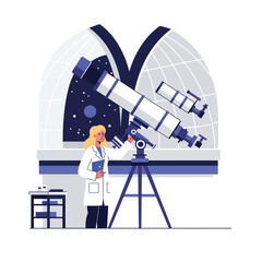 Poster - Astronomer using telescope in observatory flat vector illustration
