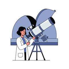 Poster - Scientist observing through telescope in detailed flat vector illustration